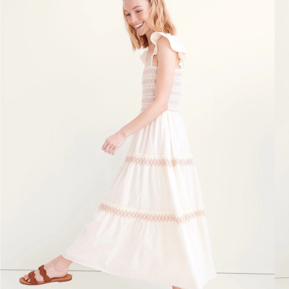 Madewell Lucie Smocked Tiered Midi Dress Small Ivory Cream Pink - Picture 2 of 9